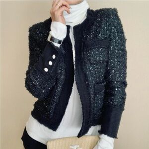 Nanette Lepore Black Tweed Sparkling Sequins Jacket with Denim Trim Sz Large